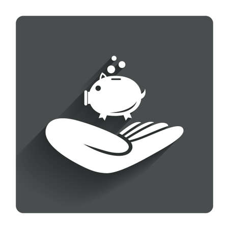 Donation hand sign icon. Hand holds Piggy bank. Charity or endowment symbol. Human helping hand palm. Gray flat square button with shadow. Modern UI website navigation. Vectorのイラスト素材