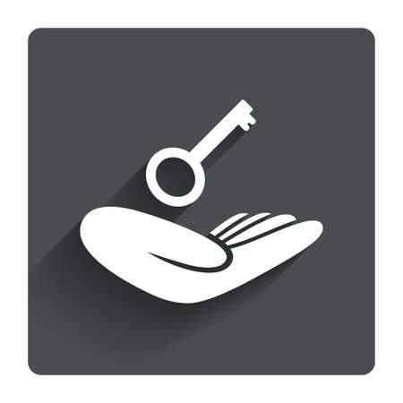 House insurance sign. Hand holds home key symbol. Insurance of property. Gray flat square button with shadow. Modern UI website navigation. Vectorのイラスト素材