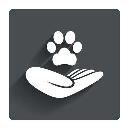 Shelter pets sign icon. Hand holds paw symbol. Animal protection. Gray flat square button with shadow. Modern UI website navigation. Vectorのイラスト素材