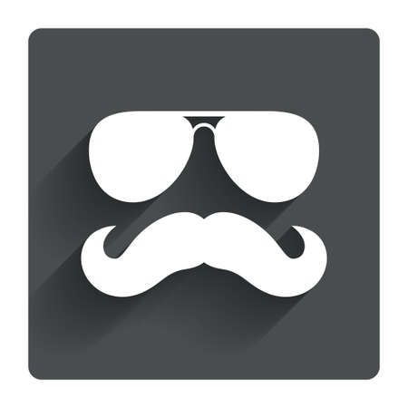 Mustache and Sunglasses sign icon. Hipster symbol. Gray flat square button with shadow. Modern UI website navigation. Vectorのイラスト素材