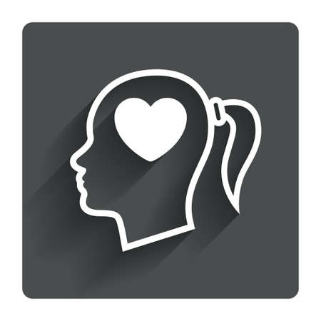 Head with heart sign icon. Female woman human head in love with pigtail symbol. Gray flat square button with shadow. Modern UI website navigation. Vectorのイラスト素材
