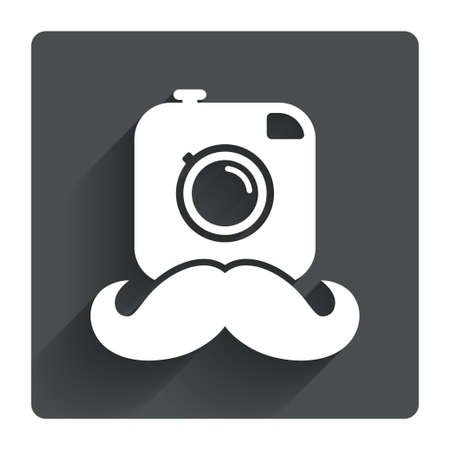 Hipster photo camera with mustache sign icon. Retro camera symbol. Gray flat square button with shadow. Modern UI website navigation. Vectorのイラスト素材