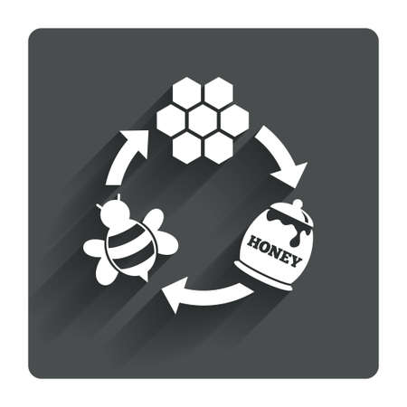 Producing honey and beeswax sign icon. Honeycomb cells symbol. Honey in pot. Sweet natural food cycle in nature. Gray flat square button with shadow. Modern UI website navigation. Vectorのイラスト素材