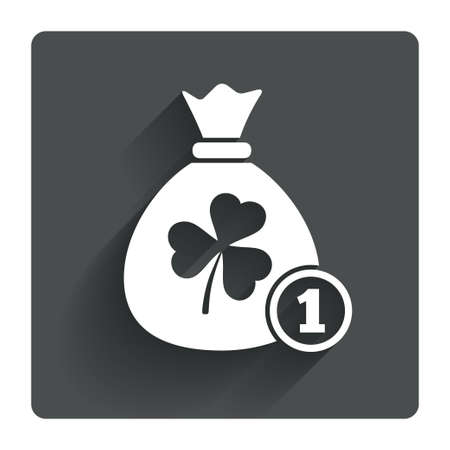 Money bag with three leaves clover and coin sign icon. Saint Patrick trefoil shamrock symbol. Gray flat square button with shadow. Modern UI website navigation. Vectorのイラスト素材