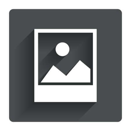 Photo frame template with landscape sign icon. Nature photography symbol. Gray flat square button with shadow. Modern UI website navigation. Vectorのイラスト素材