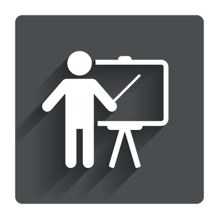 Presentation sign icon. Man standing with pointer. Blank empty billboard symbol. Gray flat square button with shadow. Modern UI website navigation. Vectorのイラスト素材