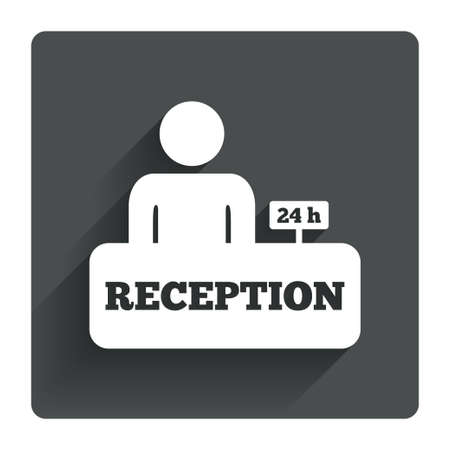 Reception sign icon. 24 hours Hotel registration table with administrator symbol. Gray flat square button with shadow. Modern UI website navigation. Vectorのイラスト素材