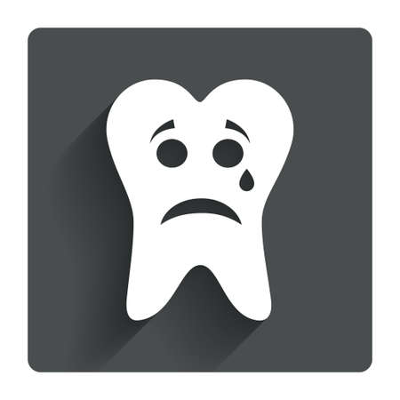 Tooth sad face with tear sign icon. Aching tooth symbol. Unhealthy teeth. Gray flat square button with shadow. Modern UI website navigation. Vectorのイラスト素材