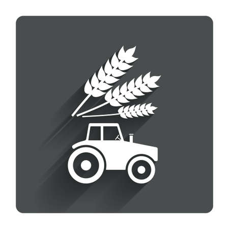 Tractor with Wheat corn sign icon. Agricultural industry symbol. Gray flat square button with shadow. Modern UI website navigation. Vectorのイラスト素材