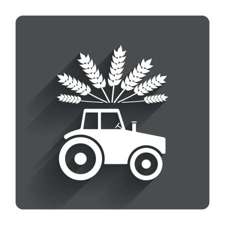 Tractor with Wheat corn sign icon. Agricultural industry symbol. Gray flat square button with shadow. Modern UI website navigation. Vectorのイラスト素材