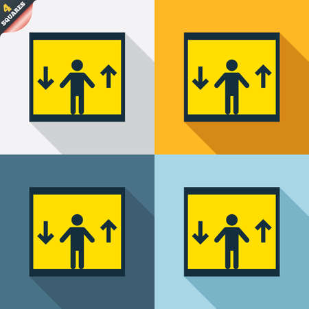 Elevator sign icon. Person symbol with up and down arrows. Four squares. Colored Flat design buttons. Vectorのイラスト素材