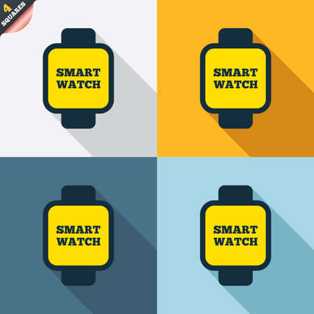 Smart watch sign icon. Wrist digital watch. Four squares. Colored Flat design buttons. Vectorのイラスト素材