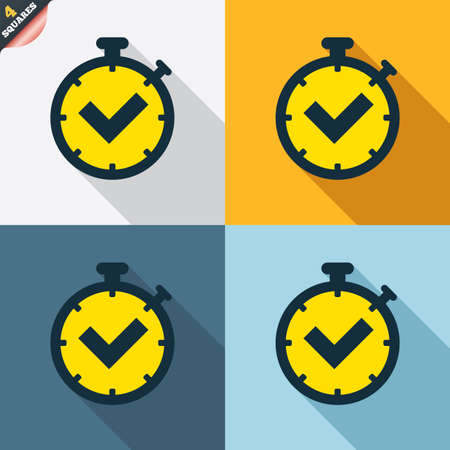 Timer sign icon. Check stopwatch symbol. Four squares. Colored Flat design buttons. Vectorのイラスト素材