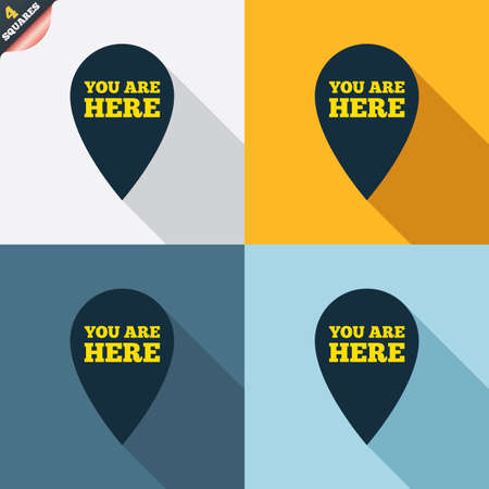 You are here sign icon. Info map pointer with your location. Four squares. Colored Flat design buttons. Vectorのイラスト素材