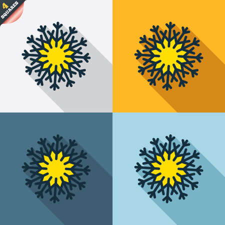 Snowflake artistic sign icon. Christmas and New year winter symbol. Air conditioning symbol. Four squares. Colored Flat design buttons. Vectorのイラスト素材