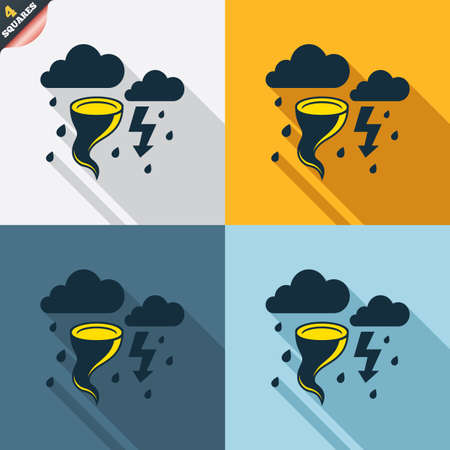 Storm bad weather sign icon. Clouds with thunderstorm. Gale hurricane symbol. Destruction and disaster from wind. Insurance symbol. Four squares. Colored Flat design buttons. Vectorのイラスト素材