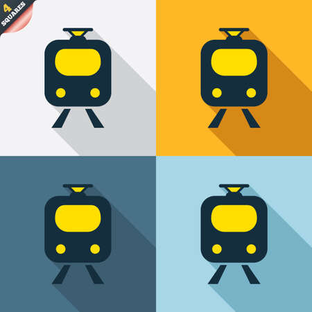 Subway sign icon. Train, underground symbol. Four squares. Colored Flat design buttons. Vectorのイラスト素材