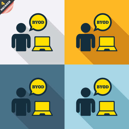BYOD sign icon. Bring your own device symbol. User with laptop and speech bubble. Four squares. Colored Flat design buttons. Vectorのイラスト素材