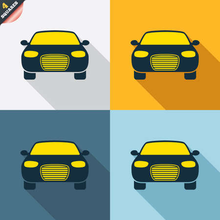 Car sign icon. Delivery transport symbol. Four squares. Colored Flat design buttons. Vectorのイラスト素材