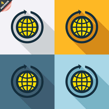 Globe sign icon. Round the world arrow symbol. Full rotation. Four squares. Colored Flat design buttons. Vectorのイラスト素材