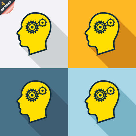 Head with gears sign icon. Male human head symbol. Four squares. Colored Flat design buttons. Vectorのイラスト素材