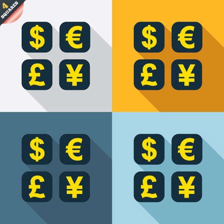 Currency exchange sign icon. Currency converter symbol. Money label. Four squares. Colored Flat design buttons. Vectorのイラスト素材