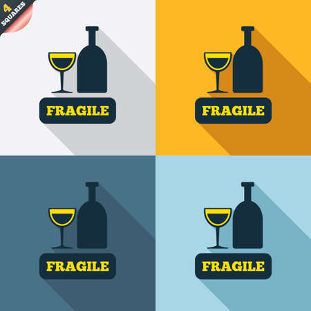 Fragile parcel sign icon. Delicate package delivery symbol. Four squares. Colored Flat design buttons. Vectorのイラスト素材
