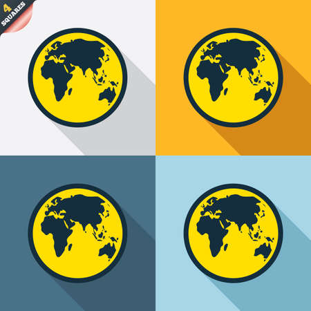 Globe sign icon. World map geography symbol. Four squares. Colored Flat design buttons. Vectorのイラスト素材