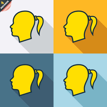 Head sign icon. Female woman human head with pigtail symbol. Four squares. Colored Flat design buttons. Vectorのイラスト素材