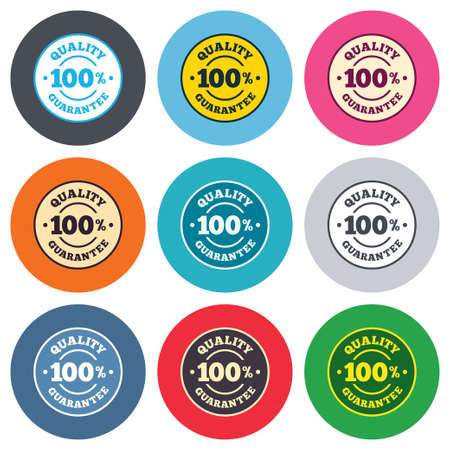 100% quality guarantee sign icon. Premium quality symbol. Colored round buttons. Flat design circle icons set. Vectorのイラスト素材