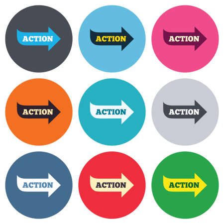 Action sign icon. Motivation button with arrow. Colored round buttons. Flat design circle icons set. Vectorのイラスト素材