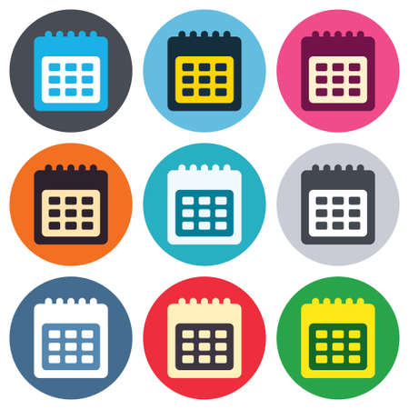 Calendar sign icon. Date or event reminder symbol. Colored round buttons. Flat design circle icons set. Vectorのイラスト素材