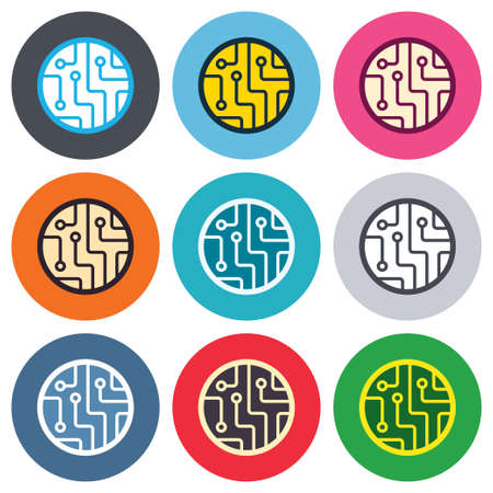 Circuit board sign icon. Technology scheme circle symbol. Colored round buttons. Flat design circle icons set. Vectorのイラスト素材