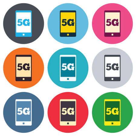 5G sign icon. Mobile telecommunications technology symbol. Colored round buttons. Flat design circle icons set. Vectorのイラスト素材