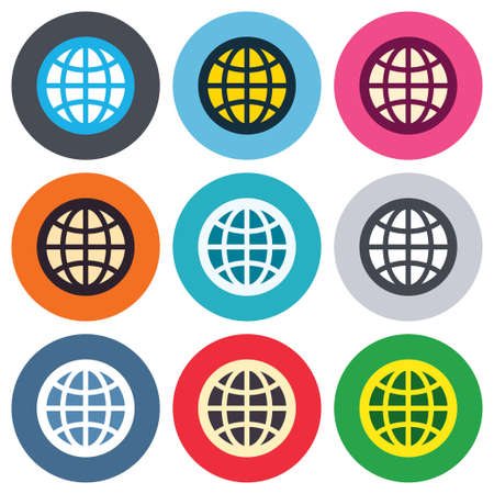 Globe sign icon. World symbol. Colored round buttons. Flat design circle icons set. Vectorのイラスト素材