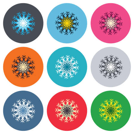 Snowflake artistic sign icon. Christmas and New year winter symbol. Air conditioning symbol. Colored round buttons. Flat design circle icons set. Vectorのイラスト素材