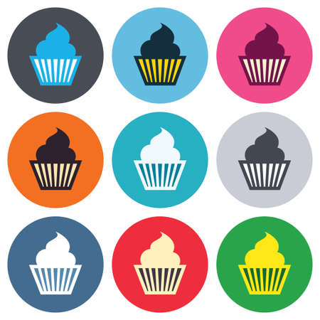 Muffin sign icon. Cupcake symbol. Colored round buttons. Flat design circle icons set. Vectorのイラスト素材