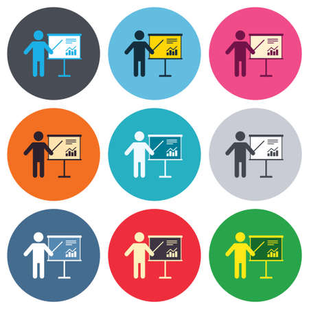 Presentation sign icon. Man standing with pointer. Scheme and Diagram symbol. Colored round buttons. Flat design circle icons set. Vectorのイラスト素材