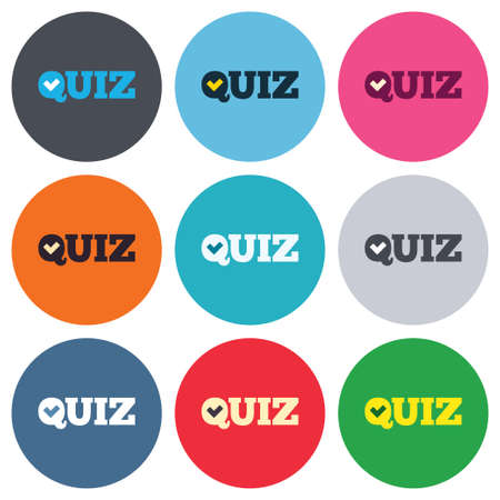 Quiz check sign icon. Questions and answers game symbol. Colored round buttons. Flat design circle icons set. Vectorのイラスト素材