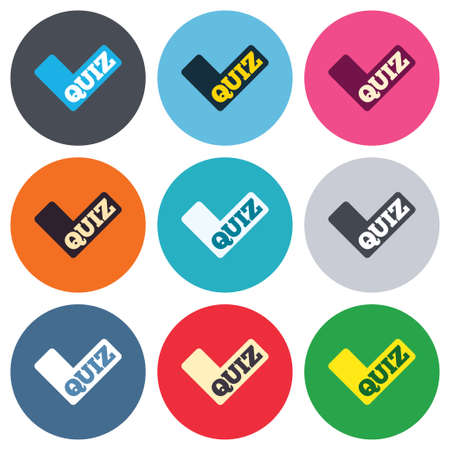 Quiz check sign icon. Questions and answers game symbol. Colored round buttons. Flat design circle icons set. Vectorのイラスト素材