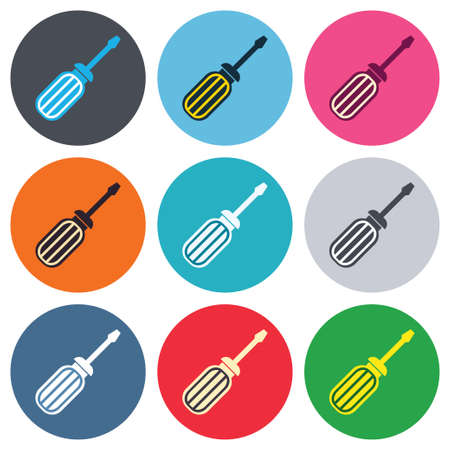 Screwdriver tool sign icon. Fix it symbol. Repair sign. Colored round buttons. Flat design circle icons set. Vectorのイラスト素材