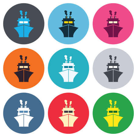 Ship or boat sign icon. Shipping delivery symbol. Colored round buttons. Flat design circle icons set. Vectorのイラスト素材