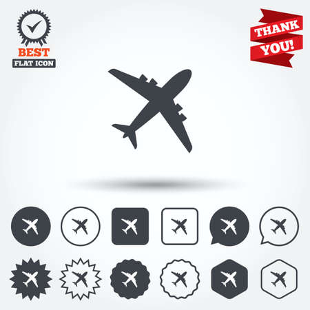 Airplane sign. Plane symbol. Travel icon. Flight flat label. Circle, star, speech bubble and square buttons. Award medal with check mark. Thank you ribbon. Vectorのイラスト素材