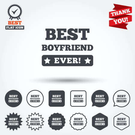 Best boyfriend ever sign icon. Award symbol. Exclamation mark. Circle, star, speech bubble and square buttons. Award medal with check mark. Thank you ribbon. Vectorのイラスト素材