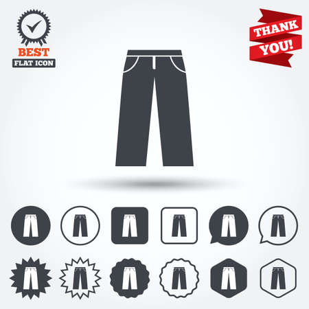 Men's jeans or pants sign icon. Casual clothing symbol. Circle, star, speech bubble and square buttons. Award medal with check mark. Thank you ribbon. Vectorのイラスト素材