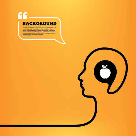 Head think with speech bubble. Apple sign icon. Fruit with leaf symbol. Orange background with quotes. Vectorのイラスト素材