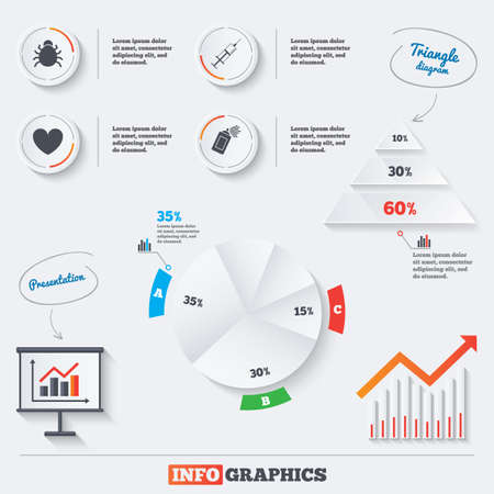 Pyramid chart with three options. Bug and vaccine syringe injection icons. Heart and spray can sign symbols. Infographic background with pie chart and demand curve. Vectorのイラスト素材