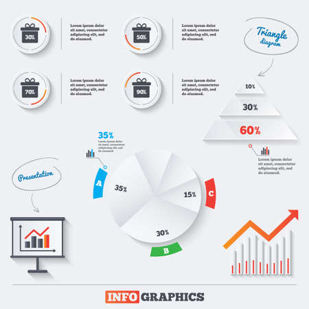 Pyramid chart with three options. Sale gift box tag icons. Discount special offer symbols. 30%, 50%, 70% and 90% percent discount signs. Infographic background with pie chart and demand curve. Vectorのイラスト素材