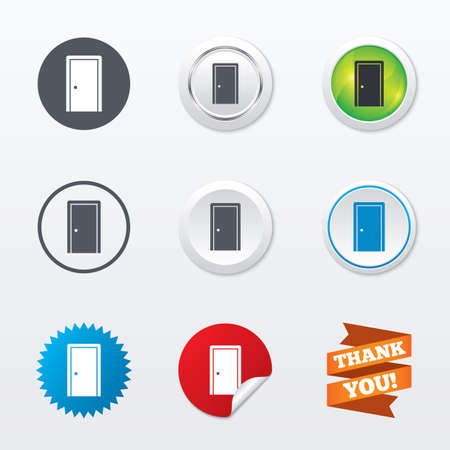 Door sign icon. Enter or exit symbol. Internal door. Circle concept buttons. Metal edging. Star and label sticker. Vectorのイラスト素材