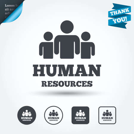 Human resources sign icon. HR symbol. Workforce of business organization. Group of people. Circle and square buttons. Flat design set. Thank you ribbon. Vectorのイラスト素材